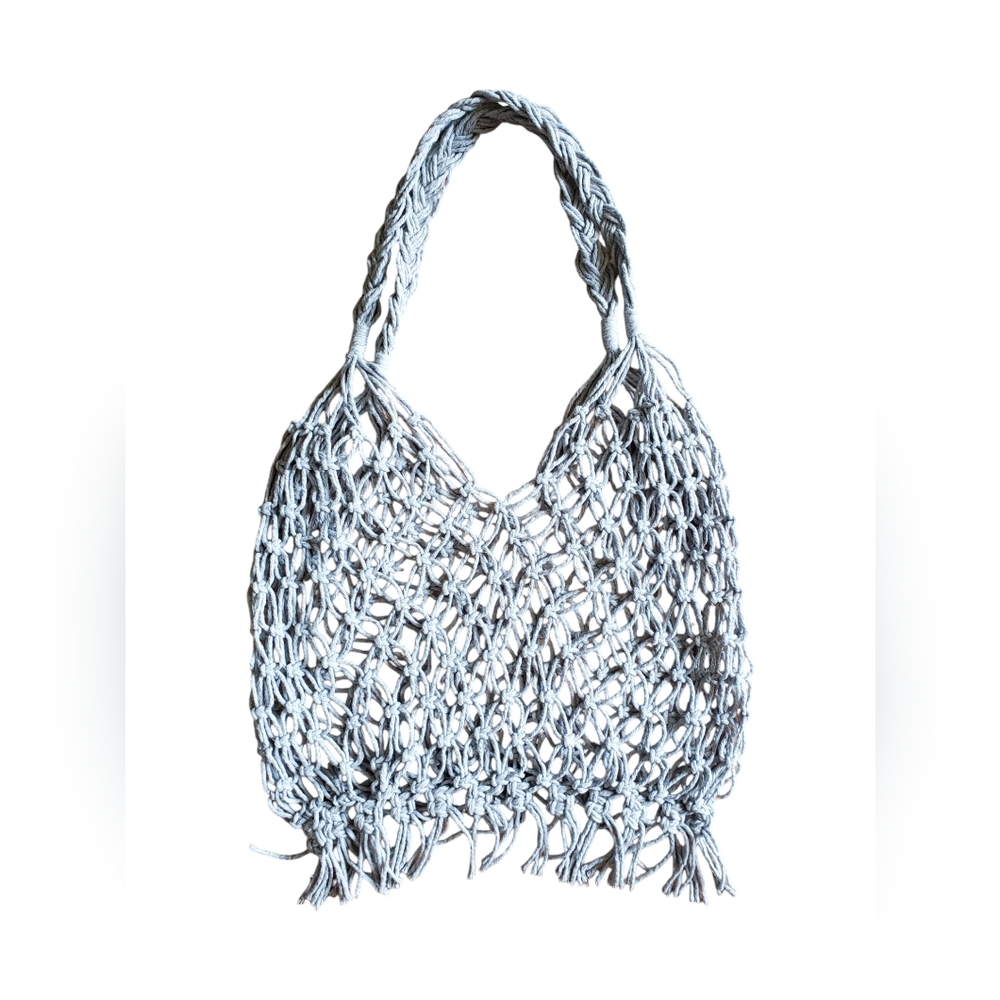 Handmade Macrame Gray Net Market Bag, 11x14, Reversible, Cotton Cord